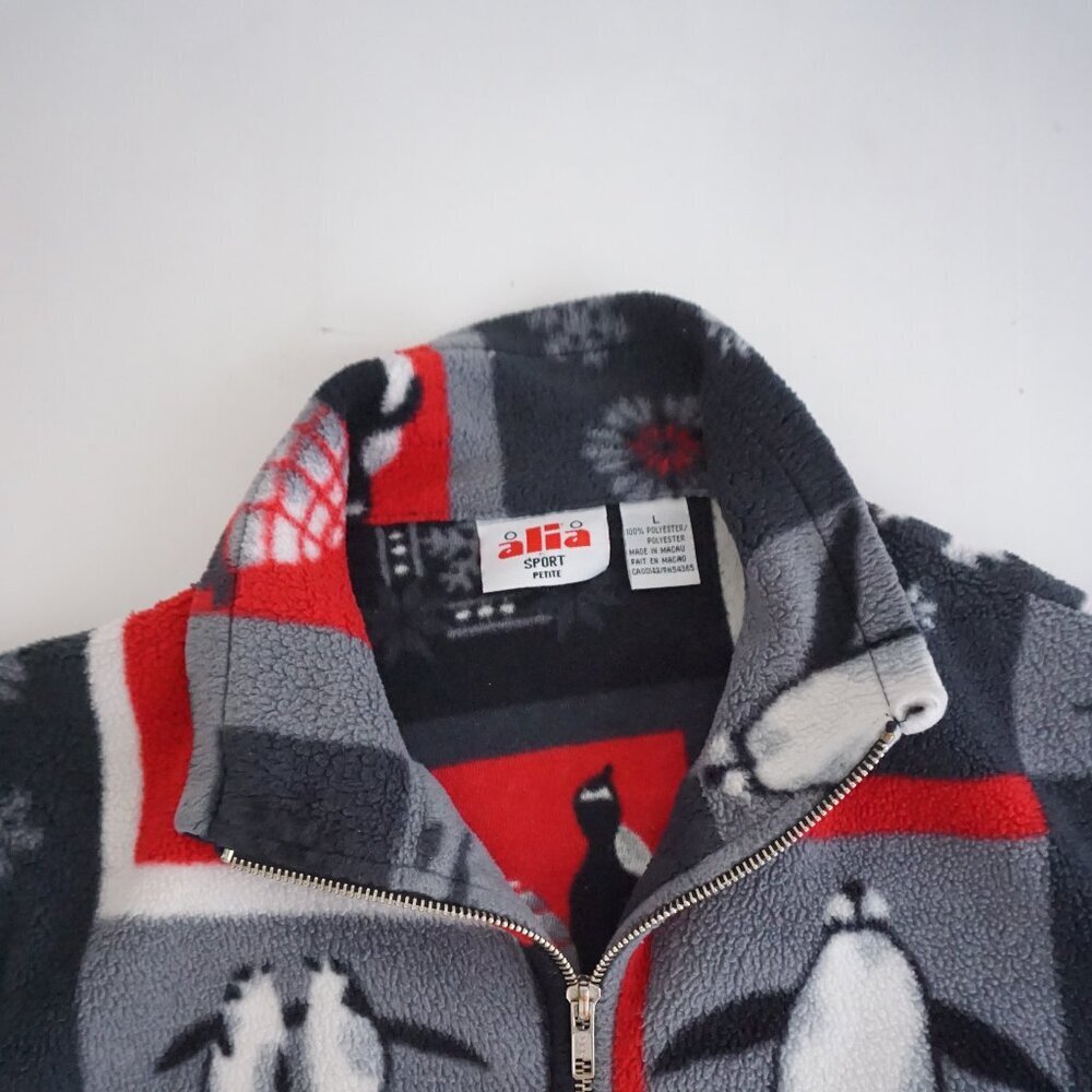 Vintag Alia Sport Grey Red Penguin Snowflake Zip Fleece Jacket Winter Cabin L - Picture 10 of 10